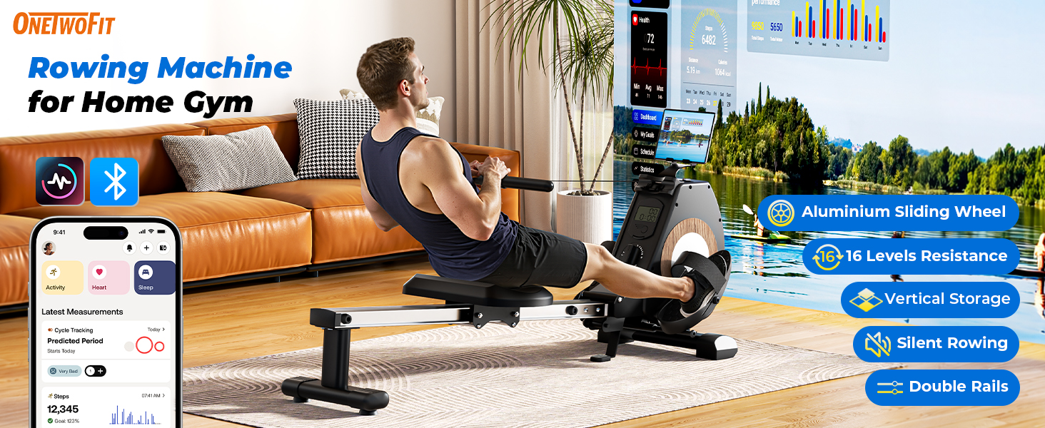 Гребний тренажер ONETWOFIT складаний для дому Pro, 16 рівнів навантаження, кросстренажер до 160 кг, сумісний з додатком, чорний