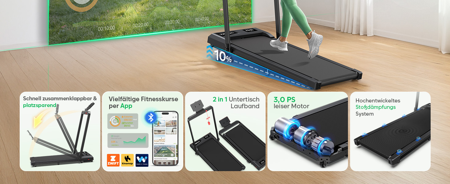 Тренажер для дому 2-в-1 Laufband Klappbar: складаний біговий килимок з нахилом 10%, потужність 3.0PS, LED-дисплей, для дому та офісу, до 145 кг, чорний з ручками