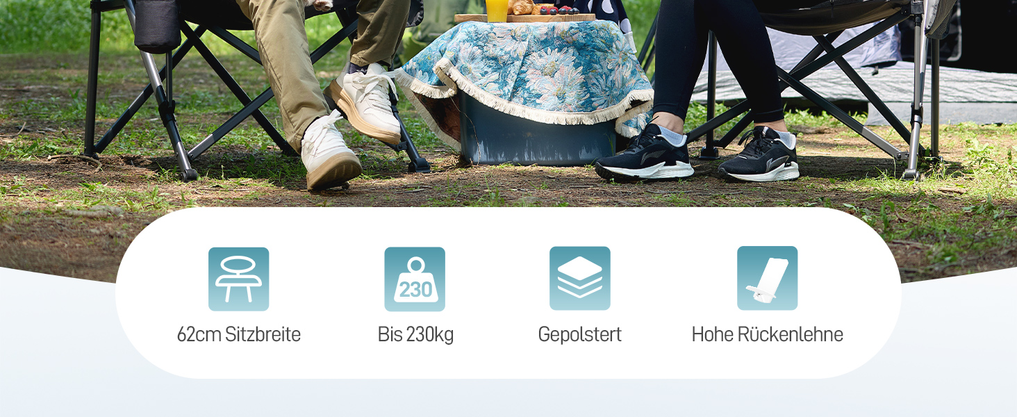 Крісло для кемпінгу EVER ADVANCED, складне, 230 кг, XL, широке сидіння 62 см, з кишенею та тримачем для напоїв, для кемпінгу, відпочинку на природі, балкону, саду