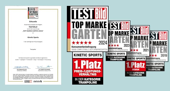 Трамплін KINETIC SPORTS Ultimate Pro для саду – Ø 244/305/366/427 см, сертифікат TÜV Rheinland GS, з металевою драбиною, скловолоконна сітка, дизайн 'Курча', вантажопідйомність до 160 кг (Ø 305 см), колір Sunset Orange