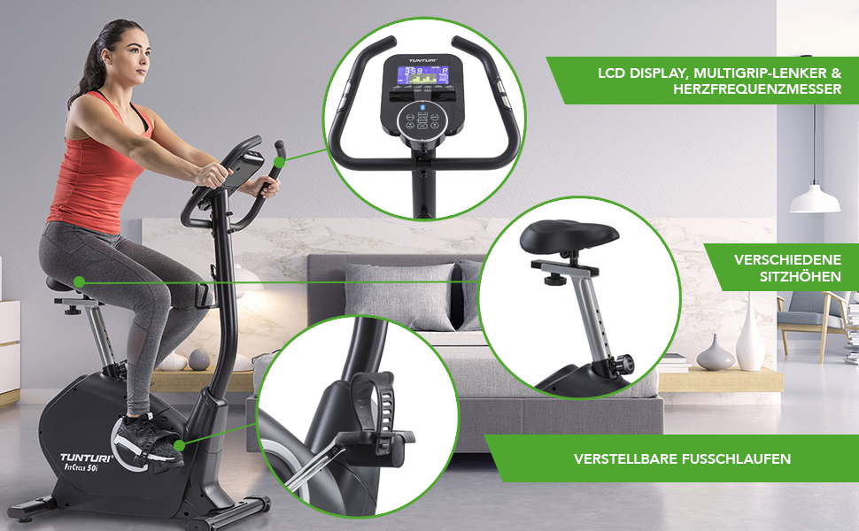 Велотренажер Tunturi FitCycle 50i/70i з LCD монітором Ергометр з додатком (Tunturi Routes & Zwift) Велосипед для домашнього тренажера на 32 кроки, датчик серцевого ритму, вантажопідйомність 150 кг (Tunturi Fitcycle 50i)