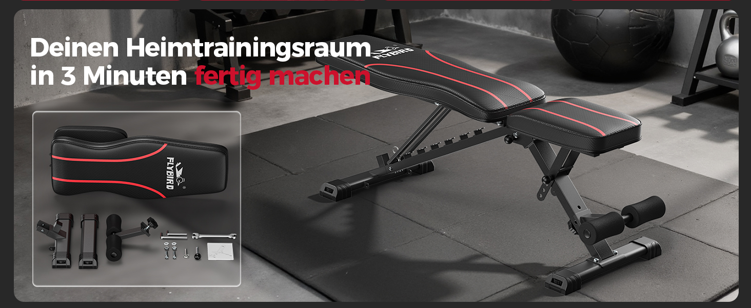 Регульована лавка для тренувань FLYBIRD з 8 положеннями спинки та 3 положеннями підніжки, вантажопідйомність до 318 кг, складана, чорно-червона