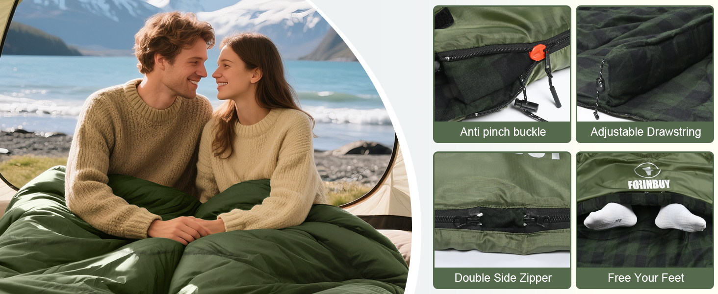 Спальний мішок Baumwolle для 2 осіб, зимовий, водонепроникний, теплий, розмір Queen, для кемпінгу та подорожей на автодомі (армійний зелений)