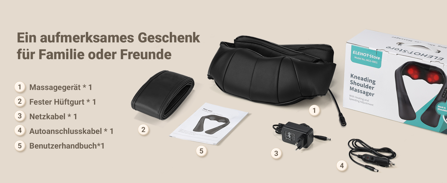 Масажер для шиї та спини ELEHOT з підігрівом, Shiatsu масаж шиї, плечей, спини, попереку, ніг та м'язів. Регульована швидкість, для дому, офісу, авто (Чорний, штучна шкіра з реміннем)