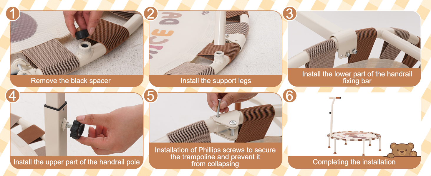 Батут дитячий для дому та саду Ø101 см з регульованою ручкою та пружинним ременем, батут для фітнесу для хлопчиків та дівчаток від 3 років, до 80 кг, бежевий