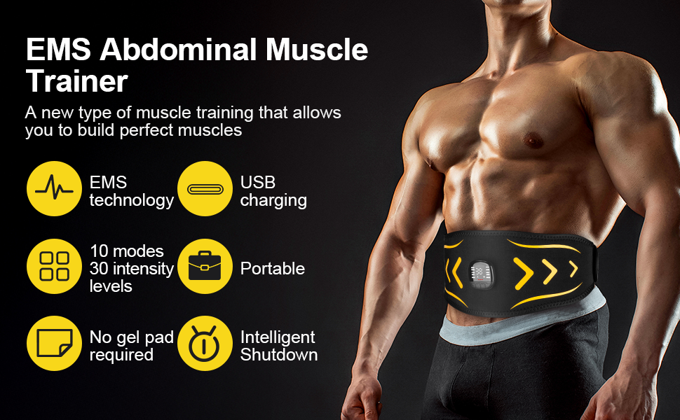 EMS тренажер для пресу, електричний, 10 режимів, 30 інтенсивностей, USB, портативний, жовтий