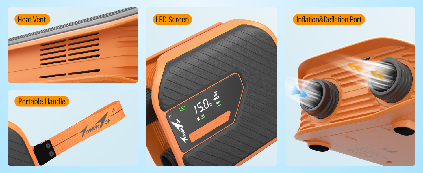 Електричний насос для SUP TowerTop 10.500 mAh, 50 PSI з вентилятором охолодження та LCD-дисплеєм – для надувних дощок