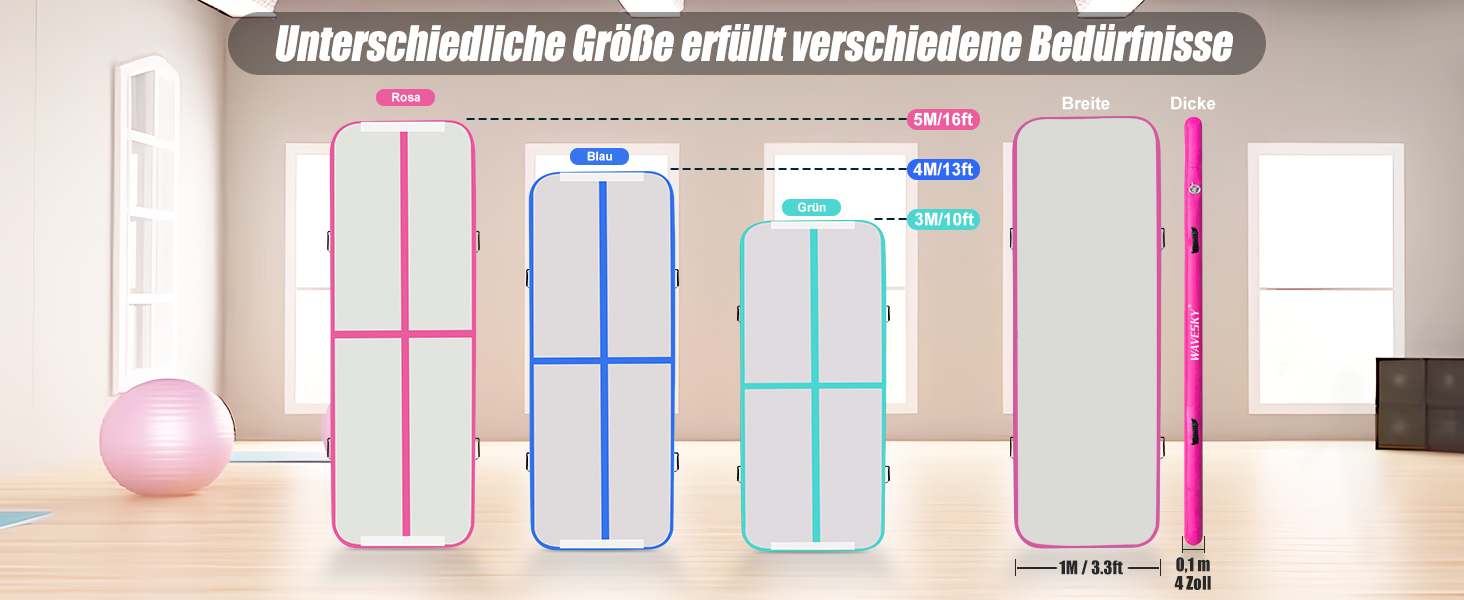 Гімнастичний надувний мат для тренувань, 3/4/5 метрів, 10 см заввишки, рожева (300x100x10 см)