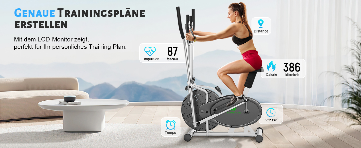 Еліптичний тренажер 2 в 1 для дому: крос-тренажер та фітнес-степер з LCD-монітором та регулюванням навантаження (срібний)