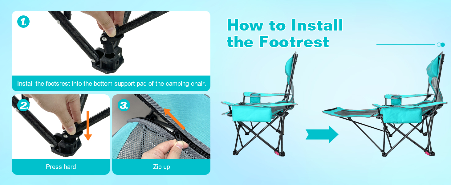 Крісло для кемпінгу Poeopore складне з підставкою для ніг, 4-х секційне, для відпочинку на пляжі та риболовлі, витримує до 120 кг, з кишенькою-холодильником, подушкою та тримачем для напоїв, блакитне