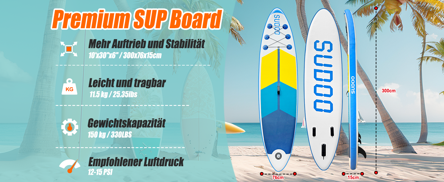 Надувний SUP Борд для вейкбордингу (2+1 особи/сім'ї), Surfboard для дорослих, вантажопідйомність до 150 кг, повний комплект з веслом, плавниками та рюкзаком (SUP20YG-Blue White)