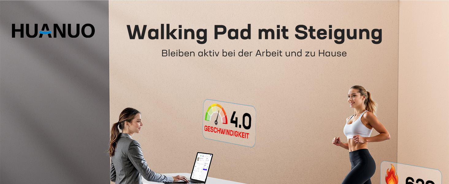 Бігова доріжка HUANUO Walking Pad для дому та офісу з нахилом 5%, вантажопідйомністю 150 кг, 2.5 к.с., з пультом та LED-дисплеєм, чорна
