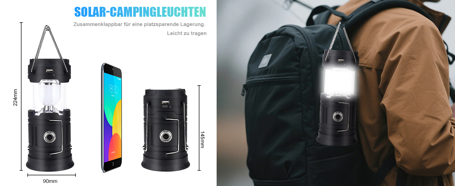 Сонячна кемпінгова лампа EXTRASTAR: LED ліхтар 5W, 2-в-1 (ліхтар + ліхтар для намету), USB/Сонячна/Акумуляторна, водонепроникна, для відпочинку на природі, риболовлі, кемпінгу та походів