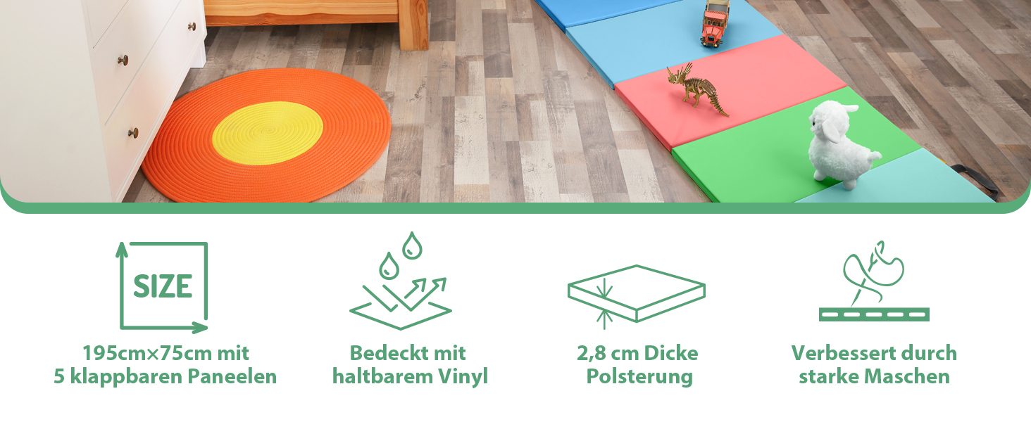 Складаний гімнастичний мат для фітнесу та дітей 195 x 75 x 3 см, м'яка спортивна підкладка для тамблінгу та активних ігор з ручками для перенесення (дизайн: мультфільм)