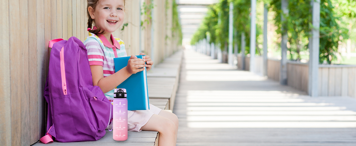 Спортивна пляшка 1л з позначенням часу, фільтром, для води з газом, без витоку. Підходить для велосипеда, бігу, дорослих. Колір: лавандово-рожевий