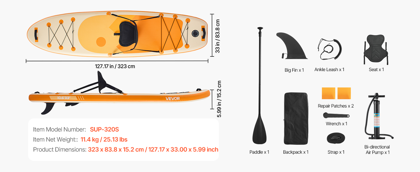 Надувний SUP VEVOR Stand Up Paddle Board (323/335см) з аксесуарами: насос, весло, рюкзак, ремнабір, кишенька для телефону. Підходить для дорослих та дітей.