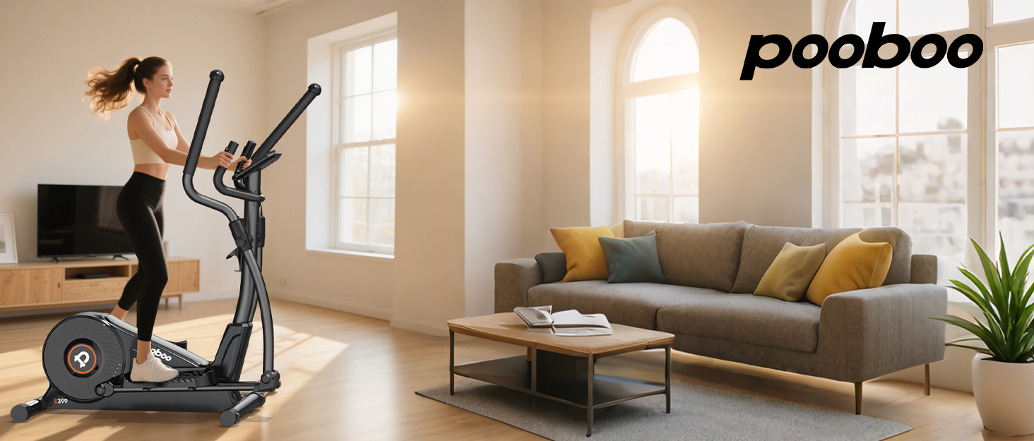 Еліптичний тренажер Pooboo 07-Basic Black з магнітною системою, LCD-монітором та кроком 15,5 дюймів. Витримує вагу до 158 кг, 16 рівнів навантаження.