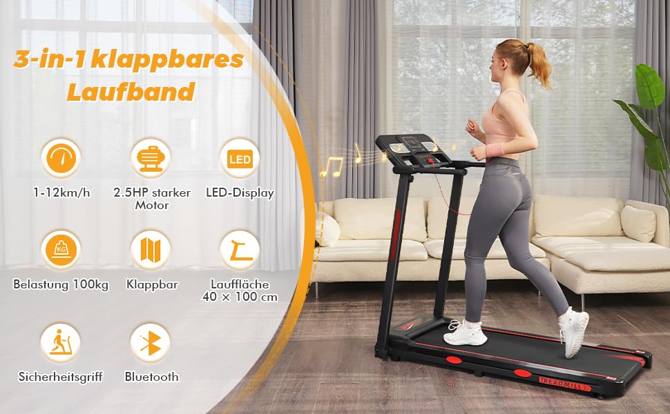 Бігова доріжка RAOO MIN для дому, 1-12 км/год, 2.5HP, складаний, з пультом/LED, підставка для iPad/телефону, Bluetooth, чорний