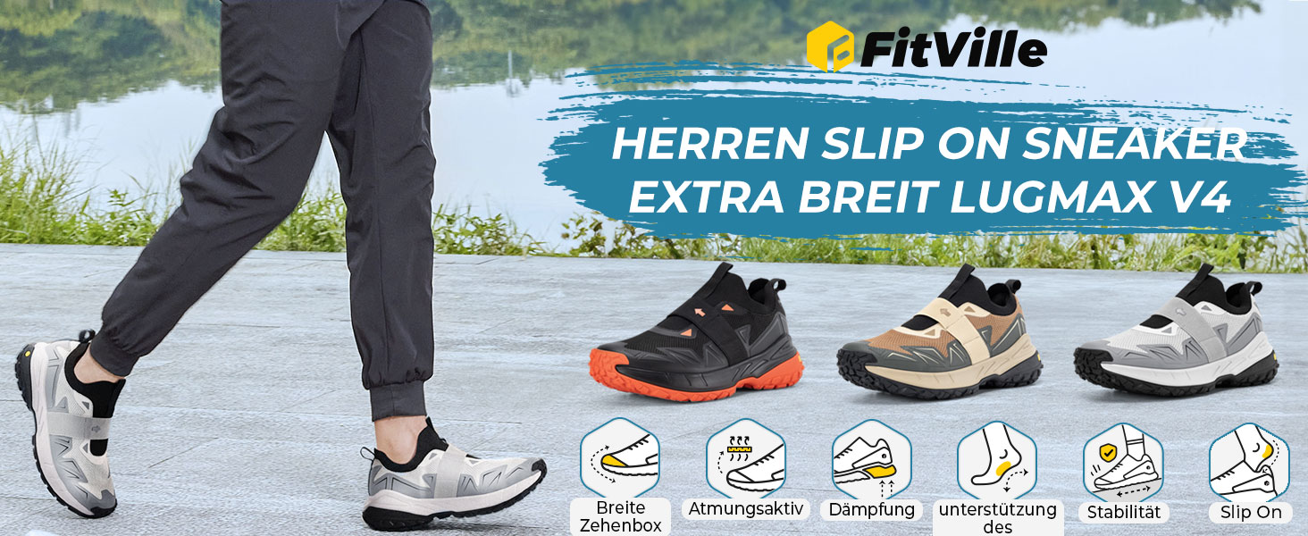 Черевики для хайкінгу FitVille для чоловіків, широкі, трекінгові, slip-on, outdoor, дихаючі, для ходьби, з антиковзкою підошвою, вільні кросівки (45 EU X-широкі, чорно-помаранчеві)