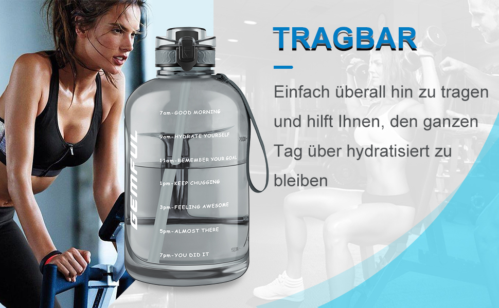 Пляшка спортивна GEMFUL 3л з мітками часу, соломинкою та ручкою, сіра. BPA-free, герметична, для фітнесу, тренувань та активного зволоження