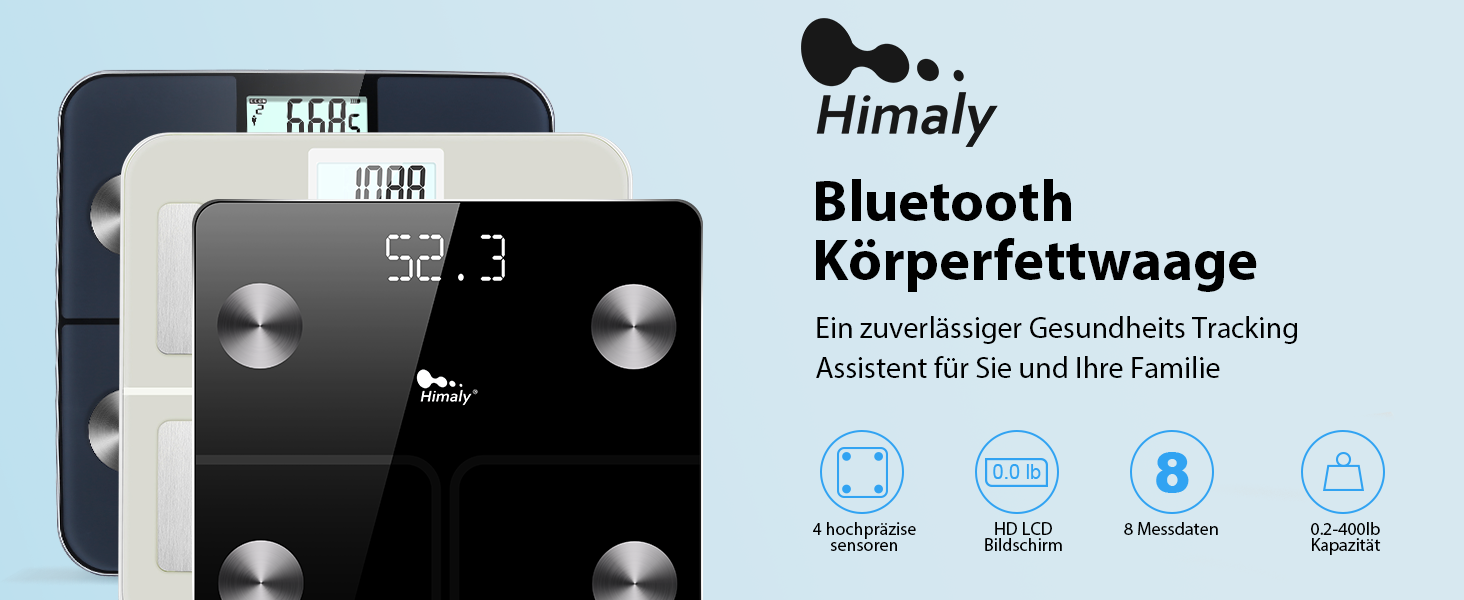 Розумна вага для тіла himaly: електронна Bluetooth-вага для вимірювання жиру, ваги, ІМТ, води, кісткової маси, калорій і вісцерального жиру, цифрова вага для ванної кімнати