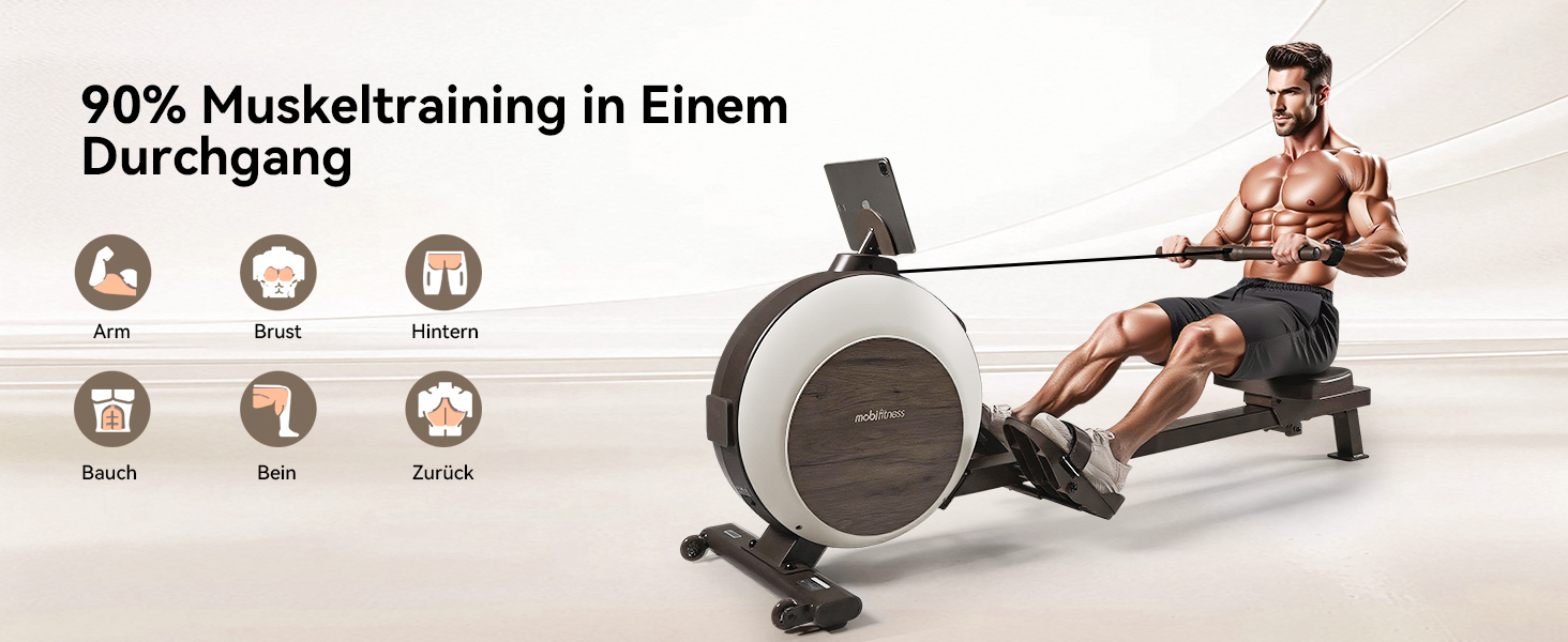 MOBI FITNESS: Горизонтальний тренажер для дому з магнітним опором, 40 рівнів, максимальне навантаження 160 кг, LED-дисплей (сумісний з Apple Watch)