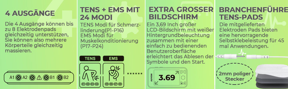 AUVON TENS/EMS масажер для тіла: 24 режими, 10 електродів, зняття болю, терапія, білий