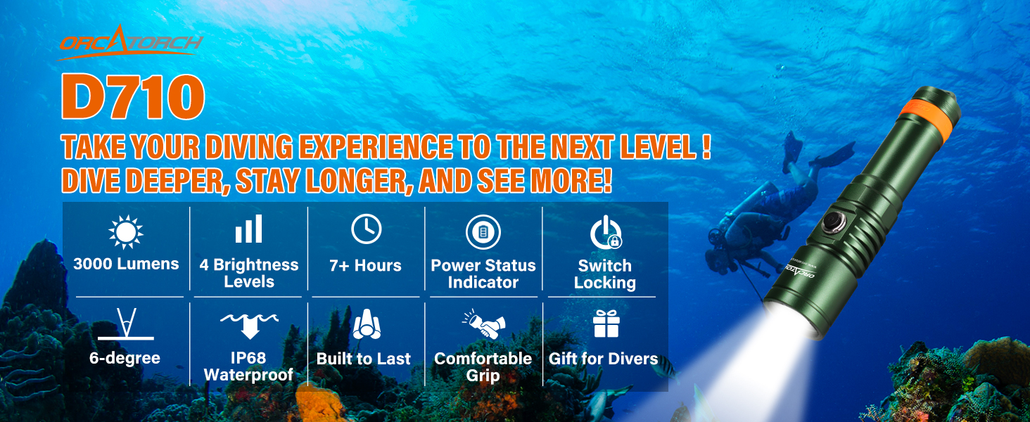 Ліхтар під водою ORCATORCH DC710 LED 3000 Люмен, USB-C, IP68, 150м, зелений