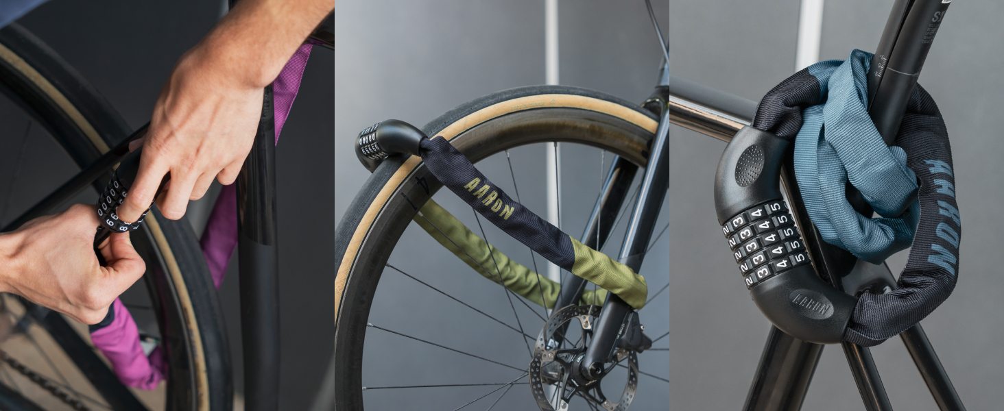 Замок для велосипеда AARON Lock One: стале ланцюгове замкнення з 5-значним кодом, висока безпека, для електровелосипеда, гірського, трекінгового, туристичного та шосе́йного велосипеда, чорний