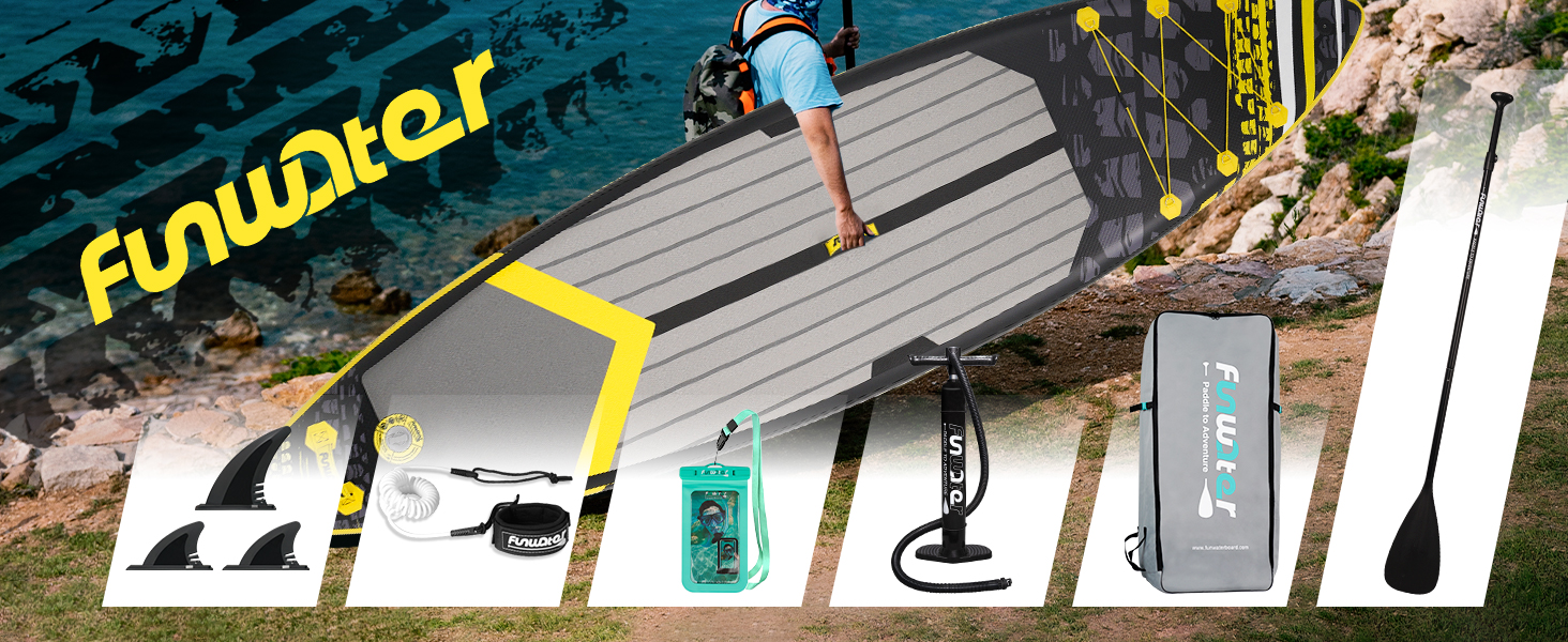 Надувна SUP-дошка FunWater для дорослих з веслом, ручним насосом, нековзким EVA-покриттям та страховочним шнуром