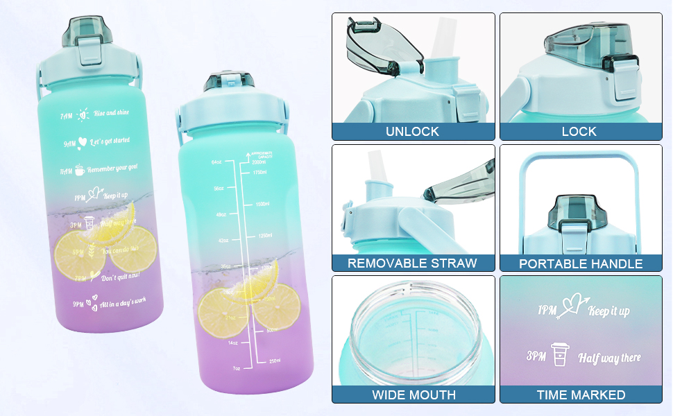 Спортивна пляшка для води MOMSIV 2L з трубочкою та відсіком для фруктів, з мітками часу, чорна, витіювання зелено-фіолетове