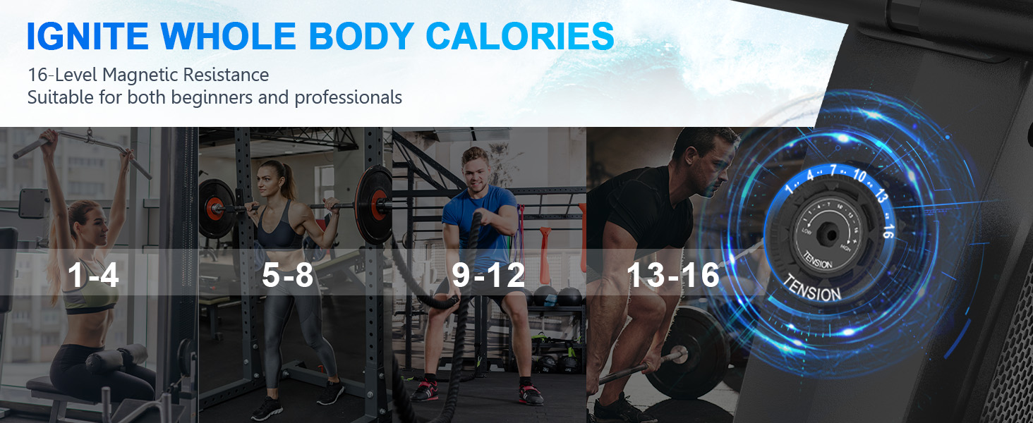 Гребний тренажер Neezee - складаний для дому з LCD-монітором, 16 рівнів магнітного опору, тренування всього тіла, тихий, компактний, покращене махове колесо, темно-сірий