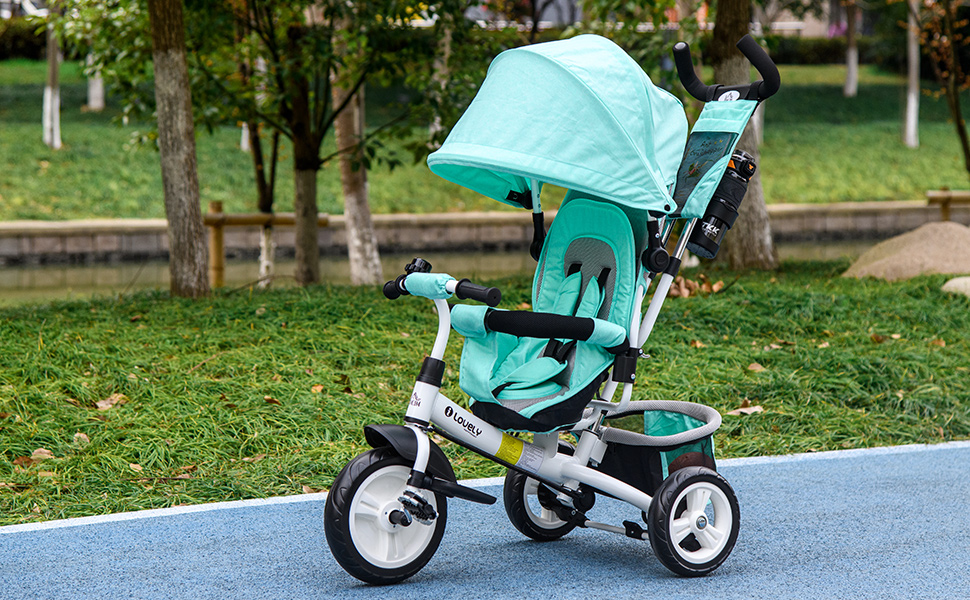 Триколісний велосипед HOMCOM 6-в-1 з батьківською ручкою для дітей 1-5 років (до 25 кг), з реверсивним сидінням, кошиком, тримачем для пляшки та сонцезахисним дахом, зелений