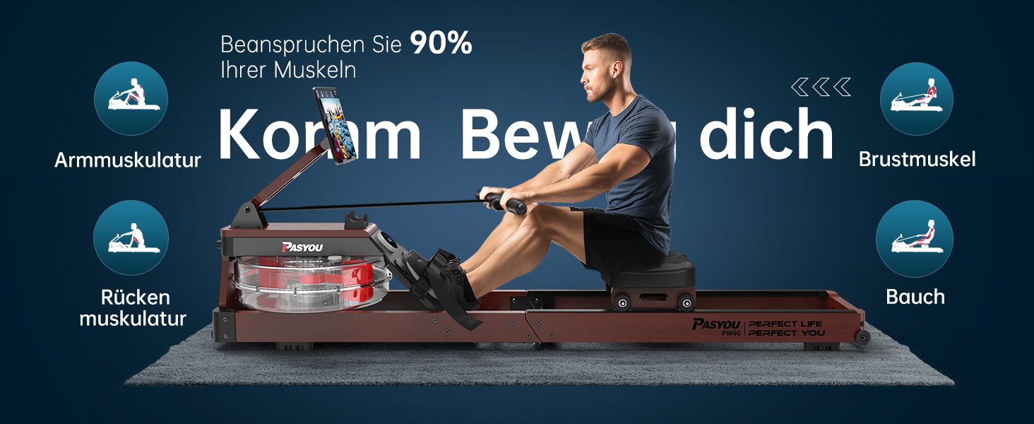 Весловий тренажер PASYOU PW60 для дому з натурального дуба, водяний, складаний, Bluetooth-дисплей, тримач для планшета, до 150 кг, 30 днів Kinomap