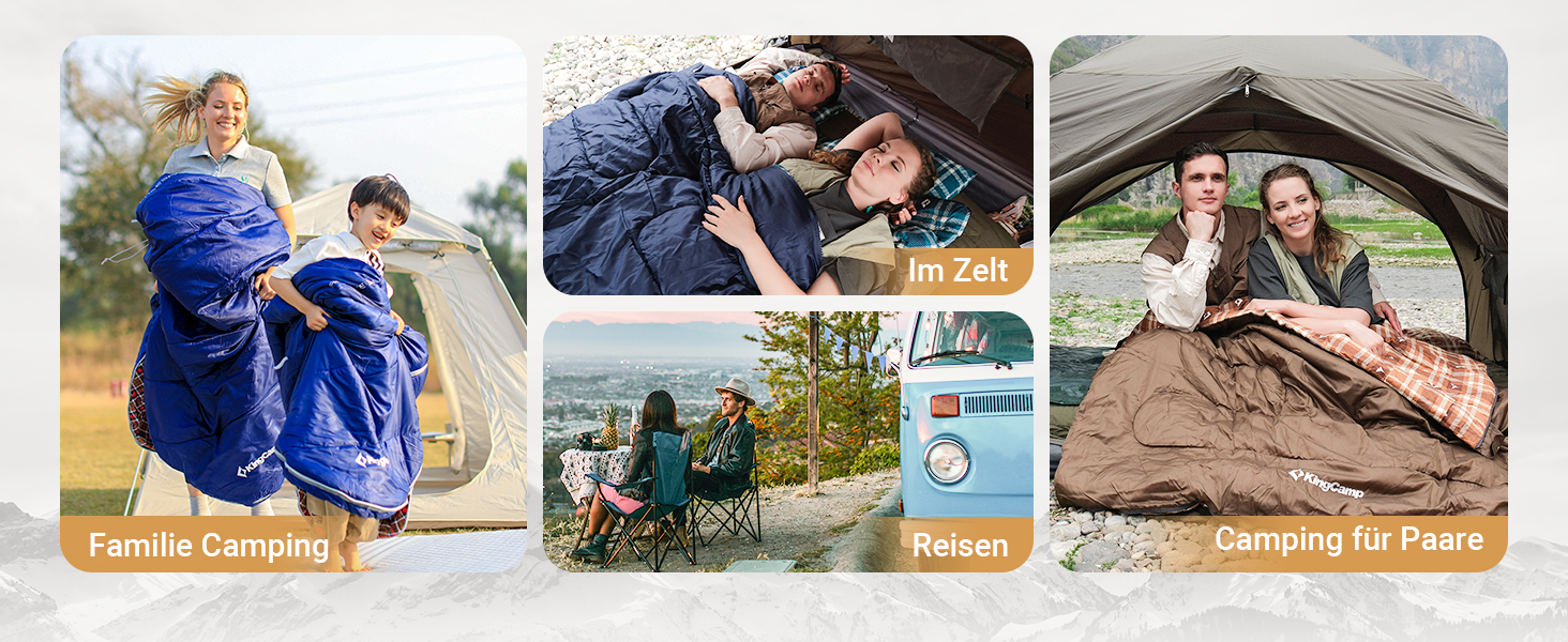 Спальний мішок KingCamp для 2 осіб з фланелі, зимовий, теплий, 3-4 сезони, з 2 подушками, для кемпінгу та відпочинку на природі, синій