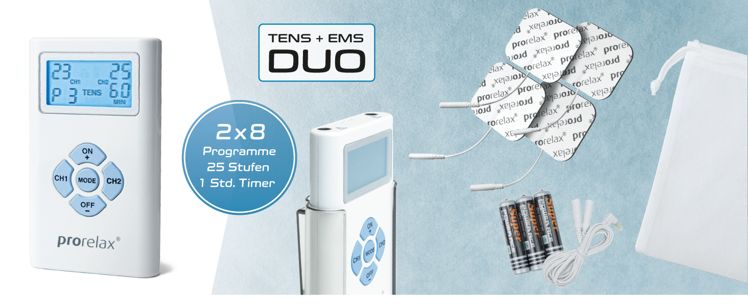Prorelax TENS/EMS Duo: електростимулятор для терапії болю та м'язового росту | 2 терапії в одному пристрої