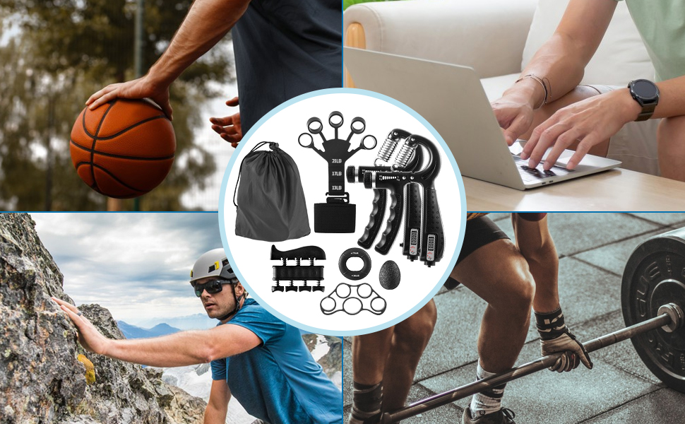 Набір для тренування сили хвата (7 шт.): регульовані тренажери зап'ястя, сумка для зберігання, розтягувач пальців, тренажер зап'ястя, кільце для тренувань та куля для зняття стресу