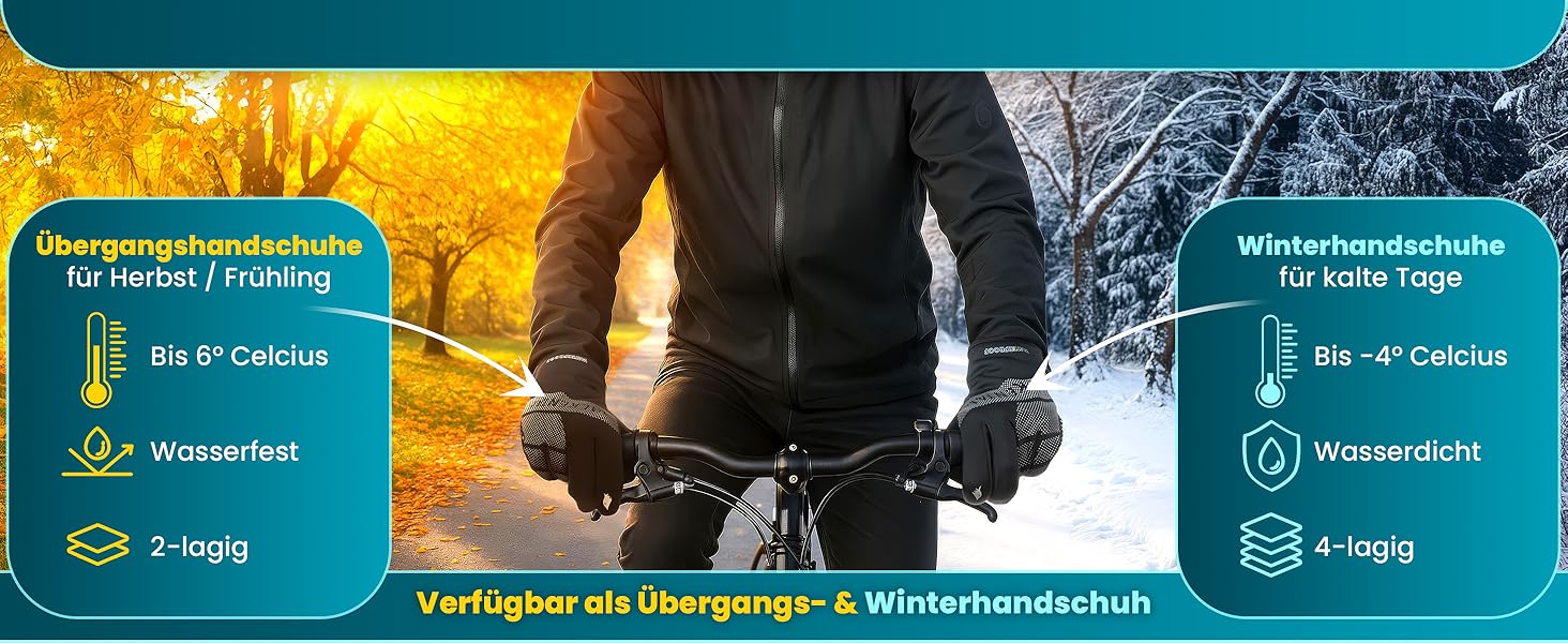 Водонепроникні велосипедні рукавички Valkental® GloRider з ізоляцією 3M | З підкладкою та зчепленням | Зігріваючі та перехідні рукавички [Чоловічі та жіночі] з функцією сенсорного екрану - Чорний L для перехідного періоду (до 6°C, 2-шарові)