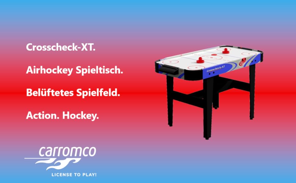 Airhockey стіл Carromco Crosscheck-XT – ігрове поле з високоглянцевим покриттям, вентильоване поле, 2 шайби та 2 ракетки, розмір 79x122x61 см, синій, для дітей та дорослих