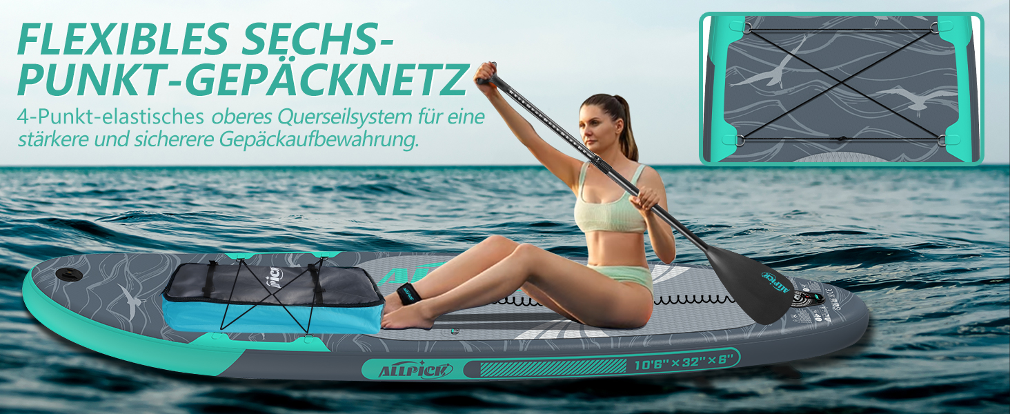 Надувний SUP-борд ALLPICK Premium Set: Комплект для станд-ап паділінгу з аксесуарами, кріпленням для камери та регульованим веслом (200 кг, Сіво-бірюзовий)