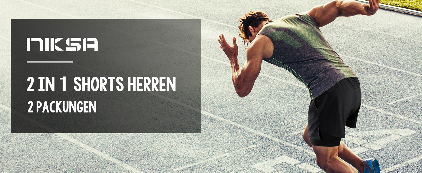 Шорти чоловічі Niksa 2er Pack 2-в-1, спортивні, швидковисихаючі, дихаючі, з кишенею для телефону, чорні, розмір XL