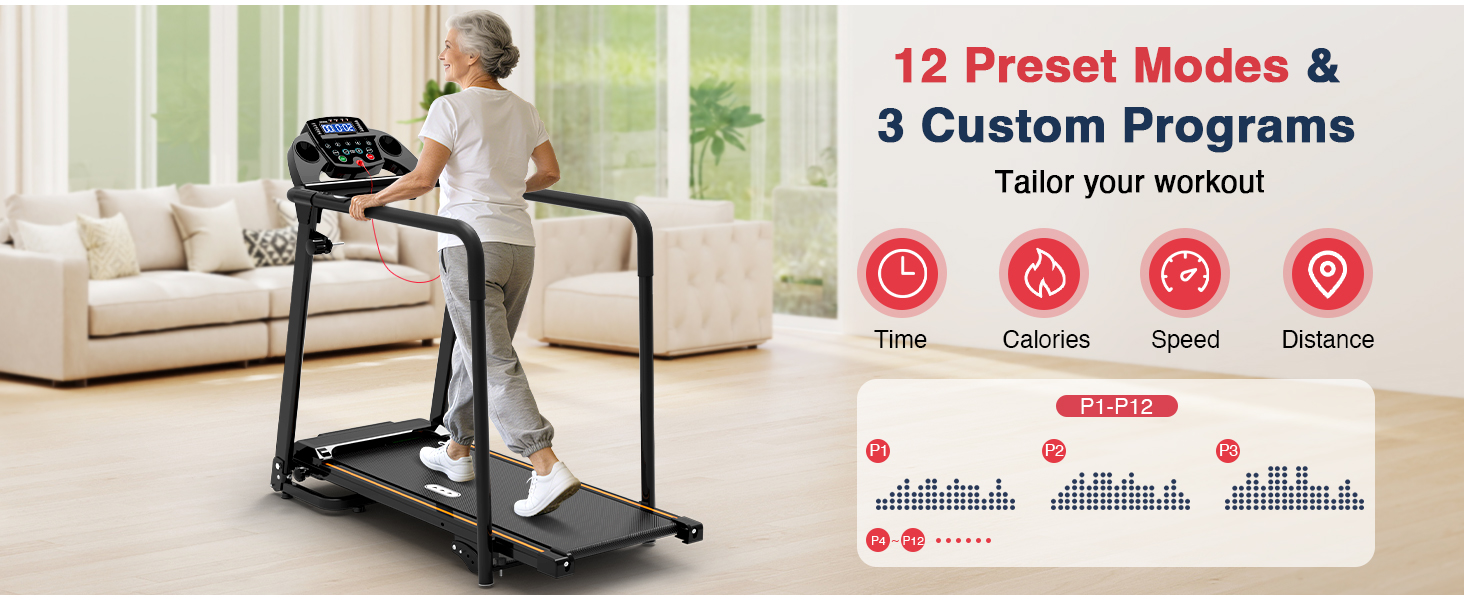 Біговий доріжка Redliro з довгими поручнями для людей похилого віку, до 136 кг, складана, з колесами, тримач для напоїв та телефону, для відновлення вдома або в квартирі