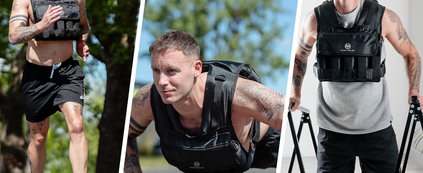 Вага для тренувань PURE MAJIN® 20 кг, регульована, з кишенею та металевим ременем | Фітнес, воркаут, біг, калістеніка, обладнання, вага, тренування - чорний або камуфляжний чорний