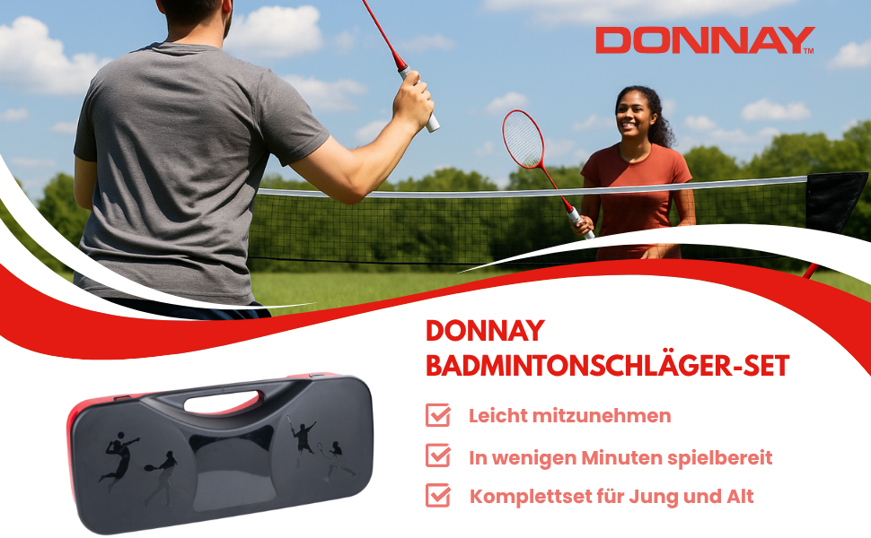 Набір для бадмінтону Donnay на 2 особи: ракетки, воланчики, сітка, сумка для транспортування. Сітка для волейболу 155x300 см для саду та кемпінгу (Чорно-червоний)