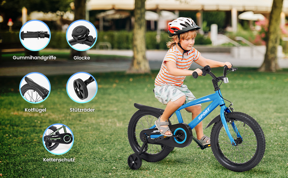 Дитячий велосипед BODIOO 12 дюймів з регульованим сидінням, гальмами, підставками, відбивачем та бризговиком, 84-97 см (Блакитний)