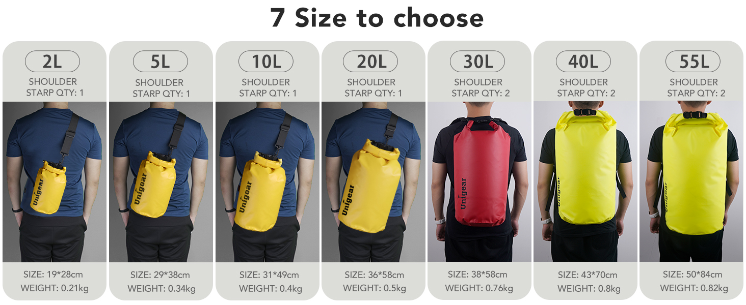 Водонепроникний мішок Unigear Dry Bag 2L/5L/10L/20L/40L – рюкзак, сумка для риболовлі, каякінгу, плавання, кемпінгу та пляжу (40L, світло-блакитний)