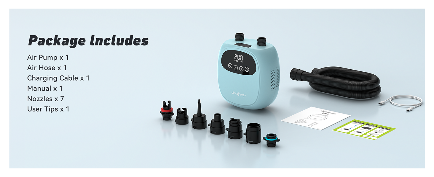 Електричний насос для SUP дошки DWNDPUMP 20PSI з акумулятором, для каяків та SUP, з 7 насадками, зелений