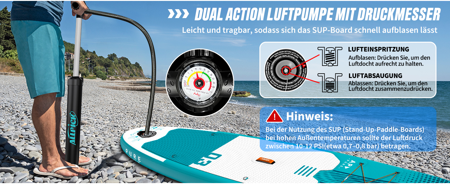 Надувний SUP-борд ALLPICK Premium Set: Комплектація для SUP-серфінгу, камера, аксесуари, регульоване весло, 200 кг, серо-зелений