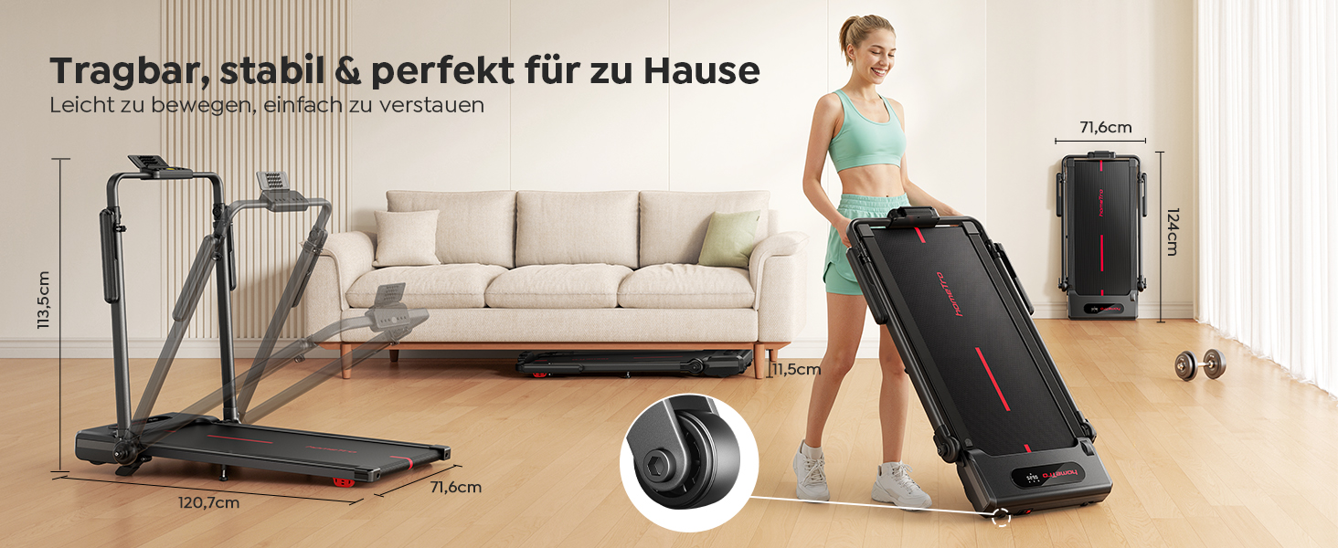 Складана бігова доріжка для дому з нахилом 7%, Walking Pad до 12 км/год, з регульованим поручнем та знімним робочим столом, двигун 3.0 к.с., керування через додаток та пульт, червоно-чорна