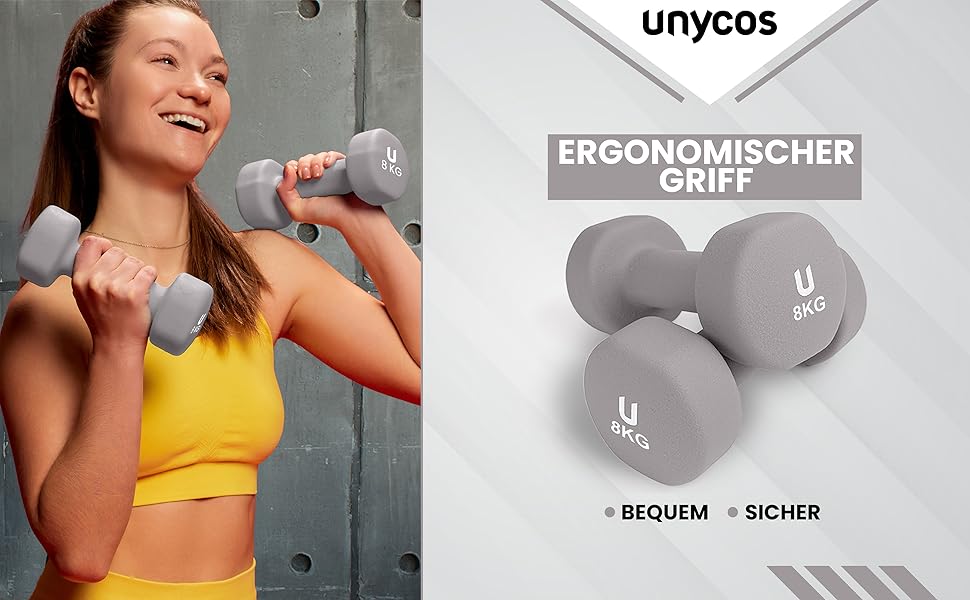 Неопренові гантелі unycos 2 x 8 кг, набір для чоловіків і жінок, круглі, протиковзкі, антироликовий дизайн, зручна ручка, для фітнесу, пілатесу, силових тренувань, світло-сірі
